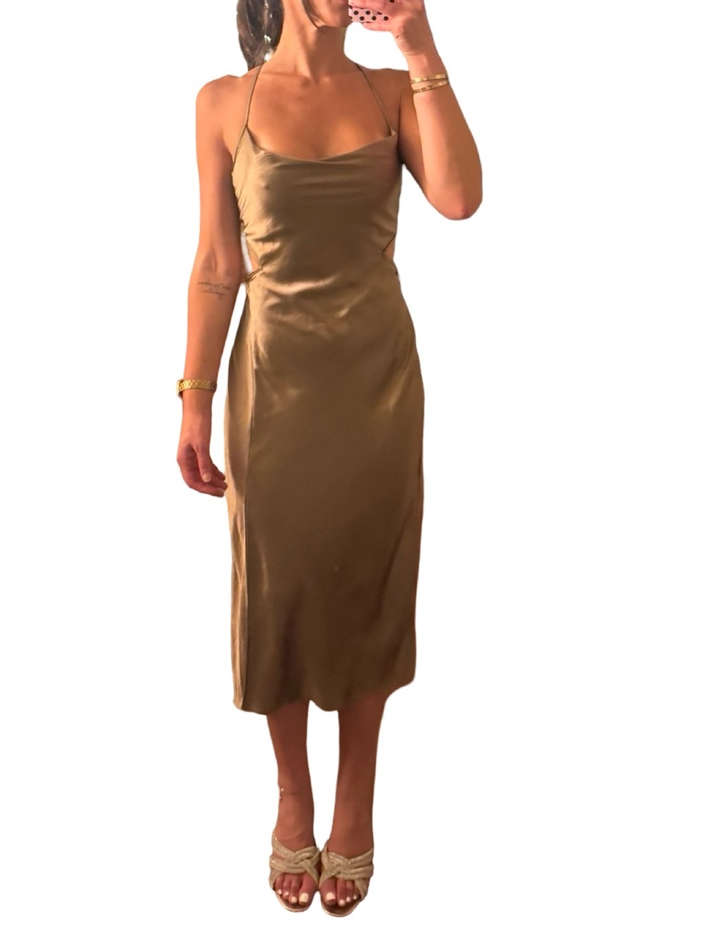 Forever 21 Satin Cowl Neck Cut Out Midi Dress in Metallic Brown | Medium | NWT